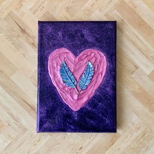 OOAK 5"x7" Feathers on Pink Heart/Interference Ink Background Mixed Media Canvas Painting | Nursery Decor, Birthday Gift