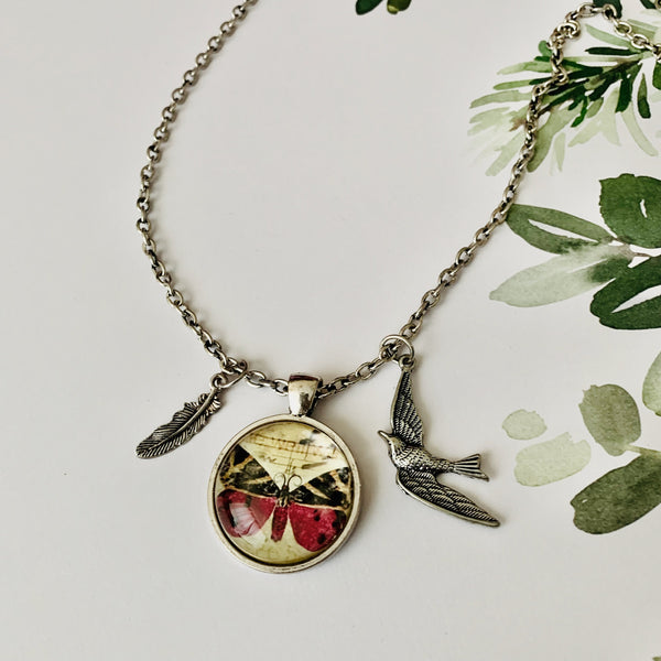 OOAK Butterfly Necklace with Bird & Feather Charms - Antique Silver | Mother's Day.Birthday.Graduation Gifts