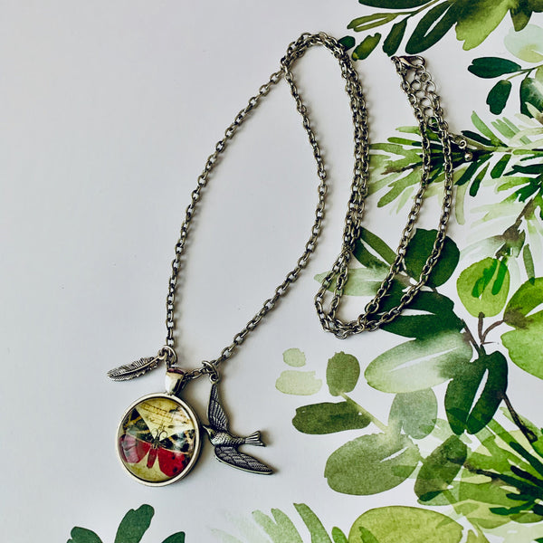 OOAK Butterfly Necklace with Bird & Feather Charms - Antique Silver | Mother's Day.Birthday.Graduation Gifts