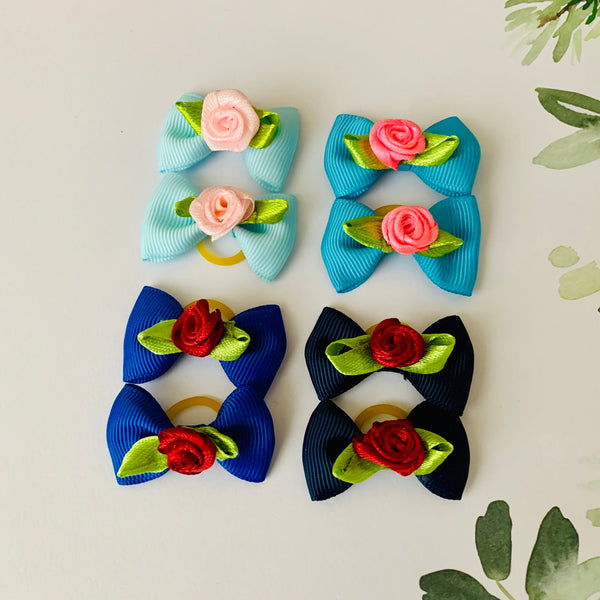 Set of 2 Ribbon bows with Ribbon Rose & Leaves | Dog/Cat/Pet Bows