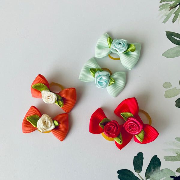 Set of 2 Ribbon bows with Ribbon Rose & Leaves | Dog/Cat/Pet Bows