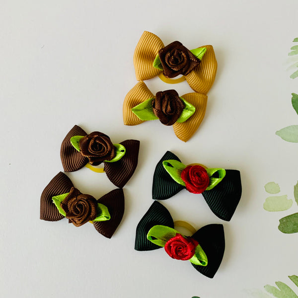 Set of 2 Ribbon bows with Ribbon Rose & Leaves | Dog/Cat/Pet Bows