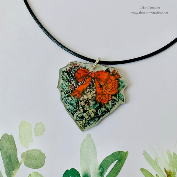 Handpainted Floral Heart with Bow Shrink Plastic Art cord Necklace 16" with adjustable chain | Mother's Day.Birthday.Graduation Gifts