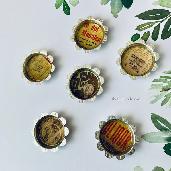Set of 6 Vintage-look Flower Bottle Caps OOAK | Magnets or Pins
