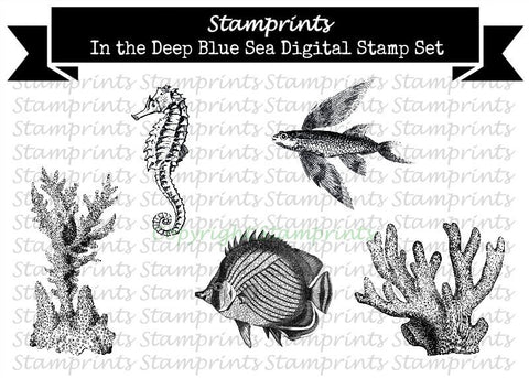 Digital Stamp Set - In The Deep Blue Sea (by Stamprints).Printable Vintage Images.
