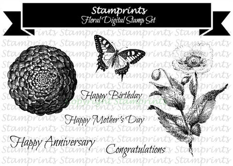 Digital Stamp Set - Floral (by Stamprints).Printable Vintage Images.