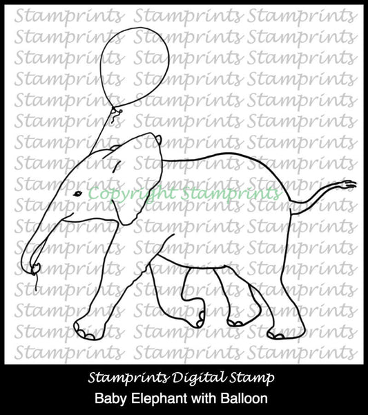 Baby Elephant with Balloon (TLS-1811) Digital Stamp. Cardmaking
