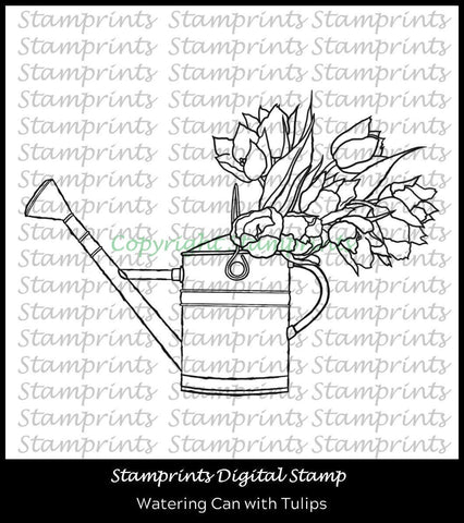 Watering Can with Tulips (TLS-2005) Digital Stamp by Stamprints. Cardmaking.Scrapbooking.MixedMedia.