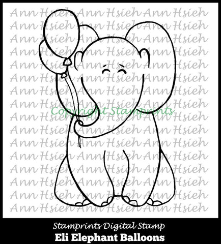 Digital Stamp - Eli Elephant Ballons AHS-161 (by Ann H for Stamprints). Printable.